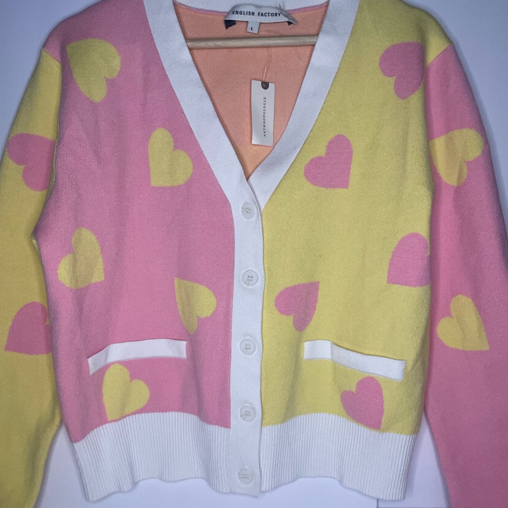 English Factory Pink & Yellow Heart-Print V-Neck Cardigan Anthropologie NWT